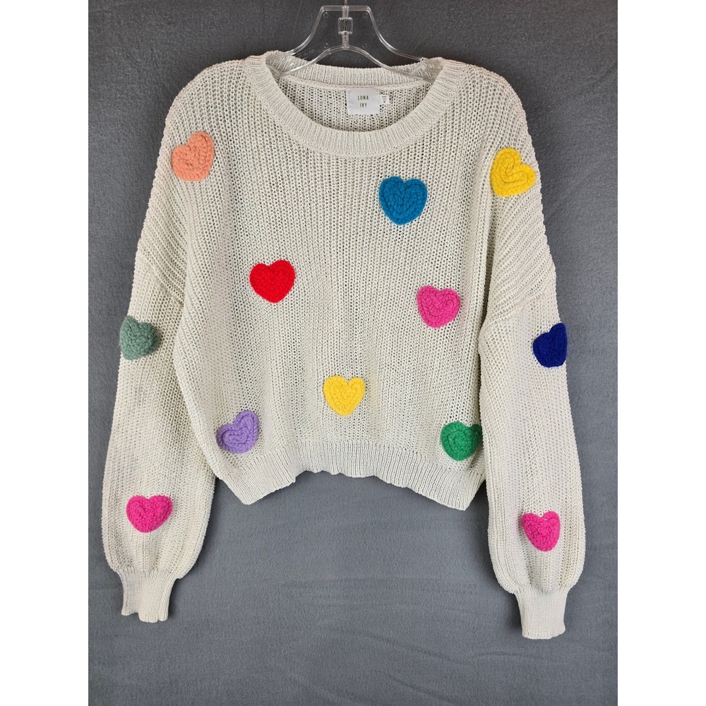Luna Ivy 3D Heart Knit Crewneck Sweater M White Colorful Rainbow Coquette